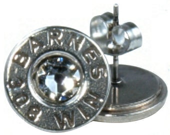 308 Winchester Rhodium Plated Ear Studs with Swarovski Crystals- Clear (Barnes)