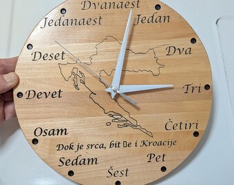 Croatian Word Wall Clock: Solid Oak, Croatia Map (10 inch)