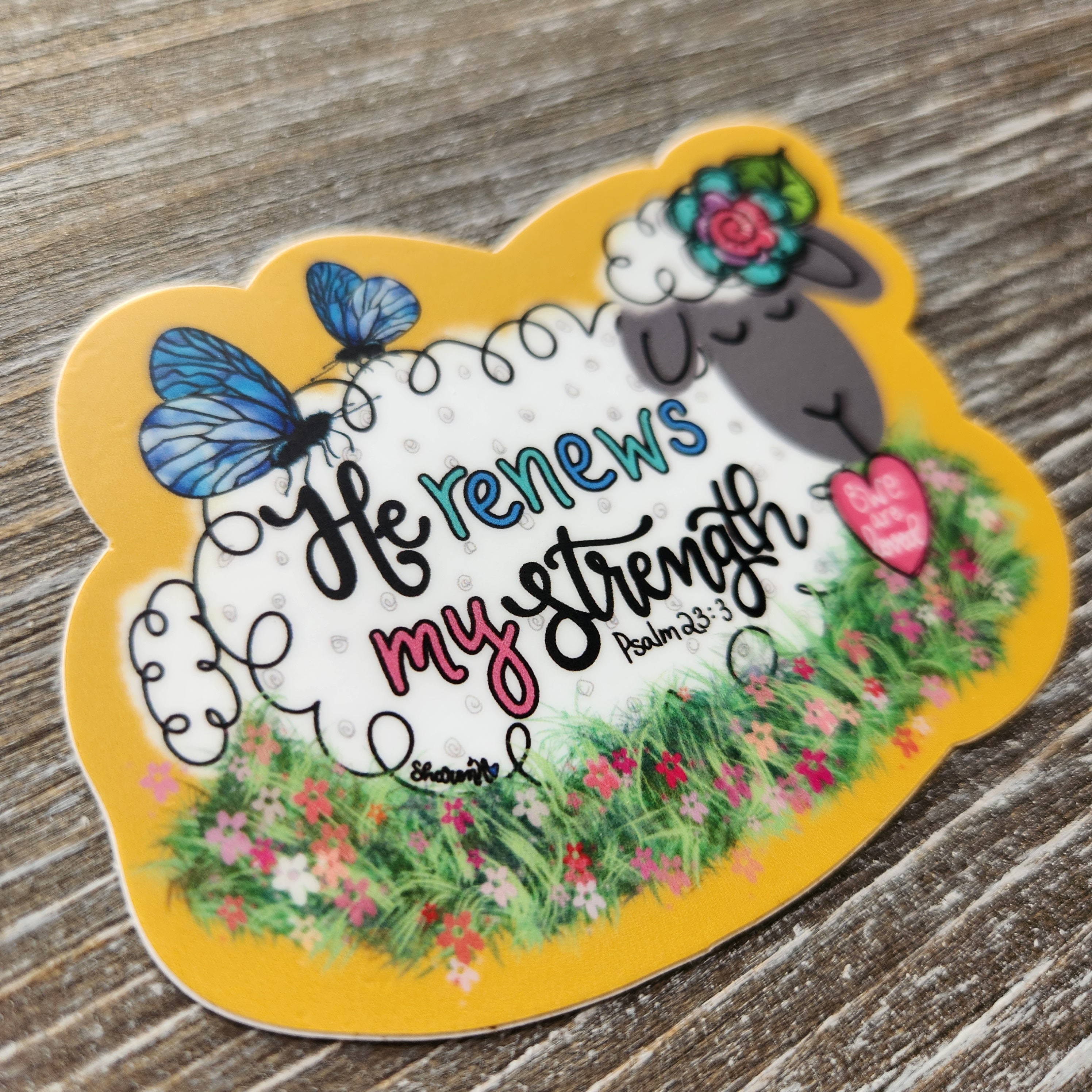 Sticker Pwp He Renews My Strength, Psalm 23, Sheep & Butterflies, Vinyl Sticker ...