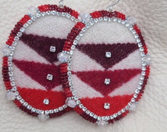 Authentic Native American beaded earrings,  PWM wool,  red, white, silver