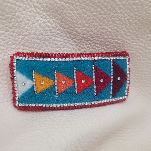 Authentic Native American beaded barrette,wool fabric, teal, red, orange, black