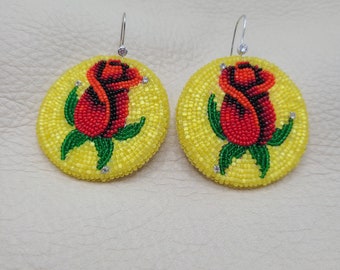 Authentic Native American beaded earrings, red,  rose,  yellow