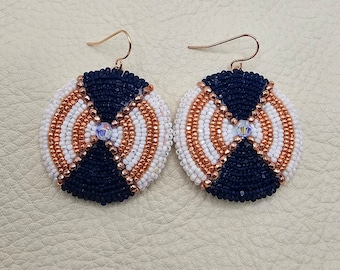 Authentic Native American beaded earrings, rose gold, navy, white, stripes