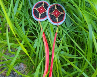 Authentic Native American beaded earrings, star,  red, black, gold