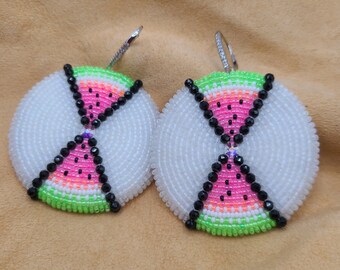 Authentic Native American beaded earrings, watermelon, black, white