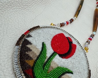 Authentic Native American beaded medallion, PWM, tulip, red, beige