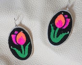 Native American beaded earrings - Neon pink tulip with black background