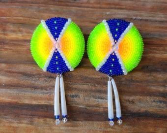 Authentic Native American beaded earrings, dentalium, neon, rainbow, blue