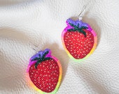 Native American beaded Strawberry earrings- red with neon border