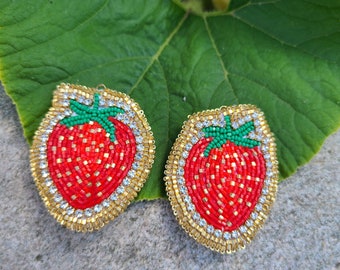 Authentic Native American beaded earrings, red and gold, strawberries