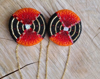 Authentic Native American beaded earrings, gold, red ombre, black, gold chain