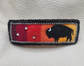 Authentic Native American beaded barrette,Pendleton fabric,bison, Buffalo, red, orange, black