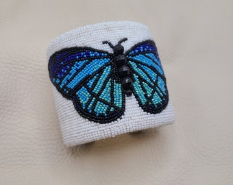 Authentic Native American beaded cuff, bracelet, butterfly, blue, white, black