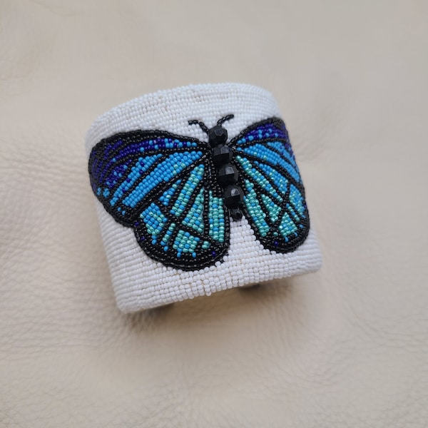 Authentic Native American beaded cuff, bracelet, butterfly, blue, white, black