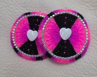 Authentic Native American beaded earrings, abalone, heart, neon pink, black