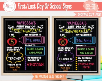 Letrero de regreso a clases svg, Primer día de clases svg, Último día de clases svg, Pizarra svg, Plantilla del primer día de clases, Ortografía británica incluida
