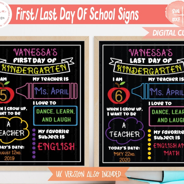 Back To School Sign svg, First Day of School svg, Last Day of School svg, Chalkboard svg, 1st Day Of School Template, UK Spelling Included