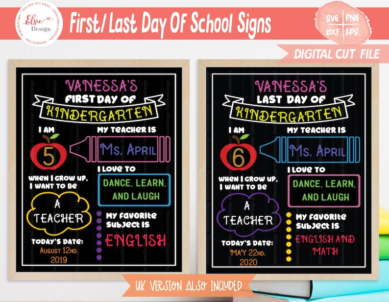 Back To School Sign svg, First Day of School svg, Last Day of School svg, Chalkboard svg, 1st Day Of School Template, UK Spelling Included 