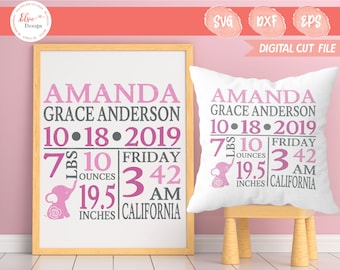 Anuncio de nacimiento de bebé SVG / Estadísticas de nacimiento de elefante Svg / Letrero de niña Svg / Letrero de guardería rosa Svg / DXF para Cricut y Silhouette