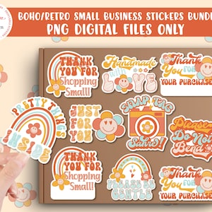 May include: A set of 10 digital sticker designs in a retro boho style. The stickers feature various phrases like "Thank You for Shopping Small!" and "Handmade with Love". The stickers are perfect for small businesses and shops.