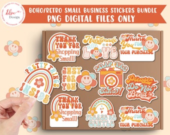 Boho Retro Thank You Stickers, Smiley Face Sticker, Thank You For Your Business PNG, Thank You Order Bundle, Thank You Shopping Small Labels