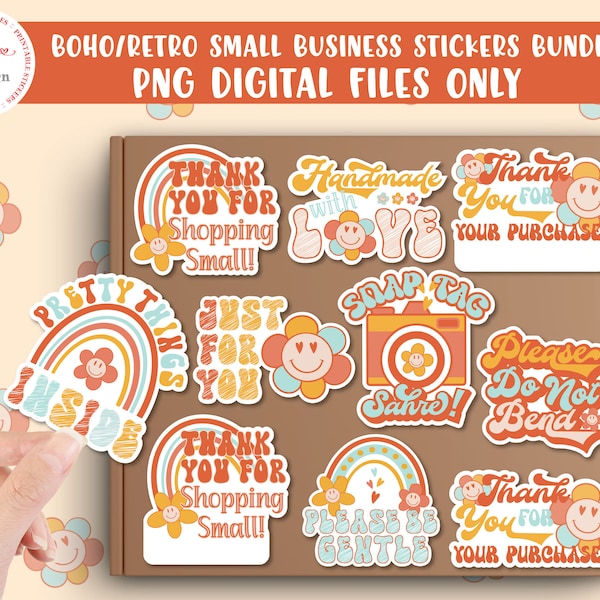 Boho Retro Thank You Stickers, Smiley Face Sticker, Thank You For Your Business PNG, Thank You Order Bundle, Thank You Shopping Small Labels