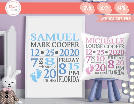 Baby Birth Announcement SVG, Birth Announcement Template, Newborn Birth Stats, Foot Print Birth Stats Svg, Welcome Baby Sign, Newborn Pillow
