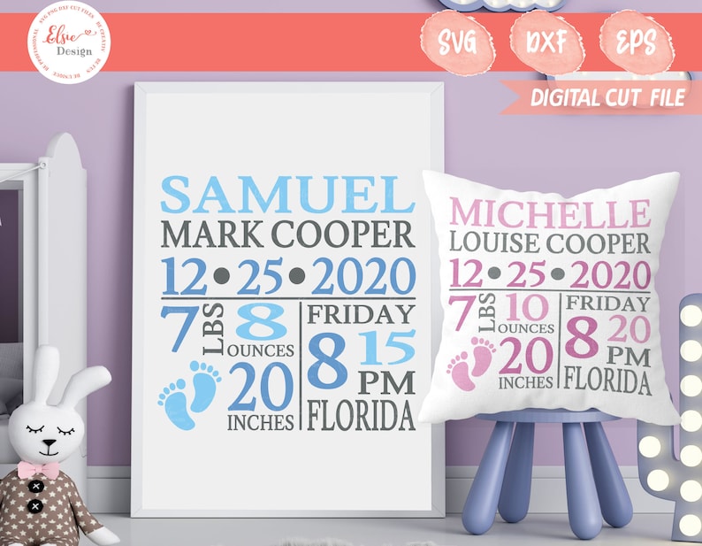 Puede incluir: Dos fundas de almohada blancas con texto azul y rosa y huellas de pies. El texto dice "Samuel Mark Cooper 12.25.2020 7 lbs 8 ounces 8:15 PM Friday 20 inches Florida" y "Michelle Louise Cooper 12.25.2020 7 lbs 10 ounces 8:20 PM Friday 20 inches Florida".