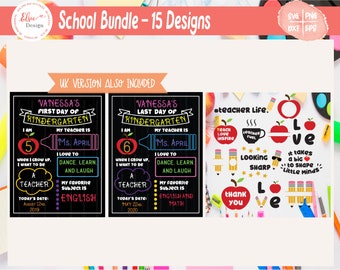 Puede incluir: Un conjunto de 15 diseños imprimibles para manualidades con temática escolar. Los diseños incluyen un letrero de estilo pizarra para el primer y último día de jardín de infancia, una cita sobre la vida de maestro con una manzana roja y lápices, y un diseño de 'amor' con una manzana roja y lápices. Los diseños están en negro, rojo, amarillo, azul y verde.
