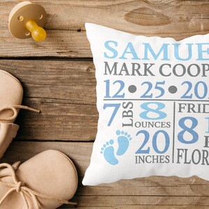 Puede incluir: Una almohada blanca con texto azul y gris que dice "SAMUEL MARK COOPER 12.25.2020 7 LBS 8 OUNCES 20 INCHES FRIDAY 8:15 PM FLORIDA". La almohada tambi&eacute;n presenta dos huellas de pies azules.