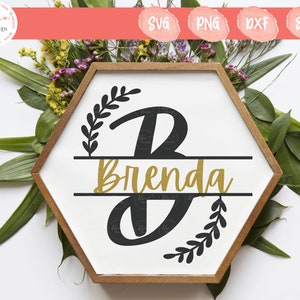 May include: A hexagonal wooden frame containing a white sign with a black letter B, a gold script name Brenda, and black leaf accents. The top of the image displays the text Elsie Design, SVG, PNG, DXF, and EPS in pink circular badges.