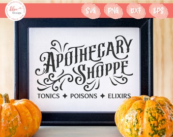 May include: A black rectangular frame containing a white sign with the black text "APOTHECARY SHOPPE" in a stylized font, followed by the text "TONICS", "POISONS", and "ELIXIRS" separated by diamond symbols. Two orange pumpkins sit in front.