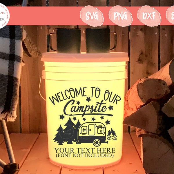 Bienvenido a nuestro camping, camping bucket svg, LED bucket svg, light up bucket svg, campground svg, campfire svg, camp life svg, fire pit svg