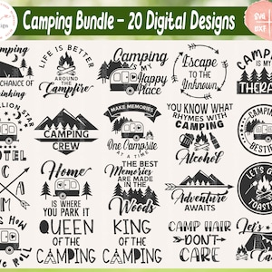May include: A set of 20 black and white camping-themed digital designs. The designs feature various camping-related phrases and images, such as a camper, a campfire, and a tent. The designs are perfect for creating t-shirts, mugs, tote bags, and other merchandise.