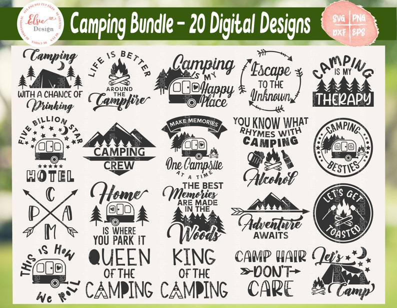May include: A set of 20 black and white camping-themed digital designs. The designs feature various camping-related phrases and images, such as a camper, a campfire, and a tent. The designs are perfect for creating t-shirts, mugs, tote bags, and other merchandise.