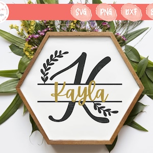 May include: A wooden hexagon-shaped sign with a white background features a black letter "K" with the name "Kayla" in gold. The sign is decorated with floral elements and surrounded by greenery and flowers. The sign also includes SVG, PNG, DXF, and EPS file type icons.