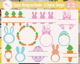 Easter Monogram SVG Bundle, Easter Bunny Monogram, Easter Egg Monogram, Carrot Monogram, Girl Easter Svg, Boy Easter Svg, Happy Easter Svg