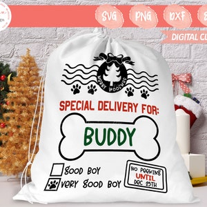 Dog Santa Sack SVG | Hond kerstzak Svg | Hond Santa kous Svg | Hondenpoten kerst Svg | PNG, DXF, voor Cricut, silhouet