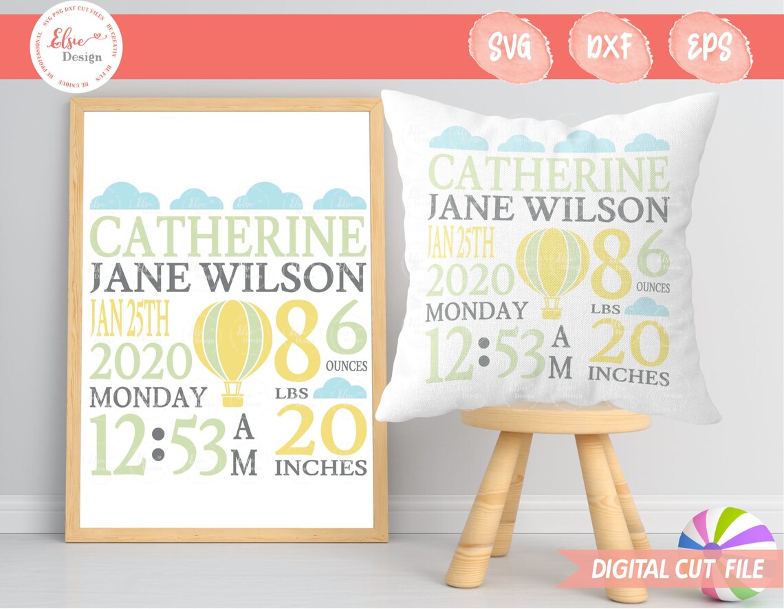 Baby Birth Announcement SVG | Hot Air Balloon Birth Stats Svg | Baby ...