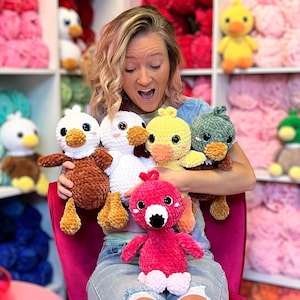 May include: A woman is holding a variety of colourful crocheted bird plushies. The plushies are in different colours, including brown, white, yellow, green, and pink. The plushies are all sitting on a pink chair.