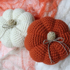 May include: Two crocheted pumpkins, one white and one orange, with brown twine bows and a small crocheted stem. The pumpkins are sitting on a white and orange mesh fabric.