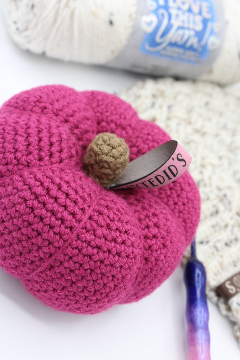 May include: A crocheted pink pumpkin with a brown crocheted stem. The pumpkin has a tag that says "YETID'S" on it.