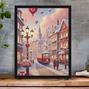 Romantic Town Valentines Day Print | lovers Printable Valentines | Valentine Day Gift Instant Download | Digital Poster