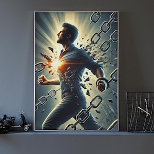 May include: A man breaks free from chains, his body shattering into pieces as he runs forward. The chains are made of metal and are scattered around him. The background is a dark gray with a light gray glow coming from the man's chest.