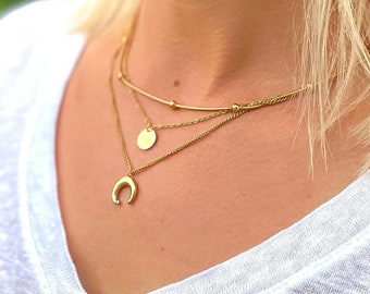 3 Ketten Set Doppelkette, Layering Kette längenverstellbar Anhänger mehrreihige Kette Sonne Mond Sterne Gold