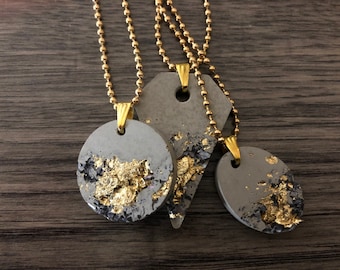 Concrete jewelry necklace, round stainless steel with gold leaf and shell fragments, geometric gold chain, women's necklace