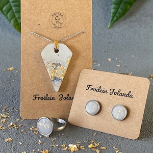 Concrete jewelry stainless steel silver, jewelry set ring, earrings and chain, handmade jewelry