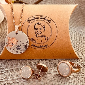 Concrete jewelry rose gold SET stainless steel with gold leaf, necklace & earrings and ring, gift for girlfriend