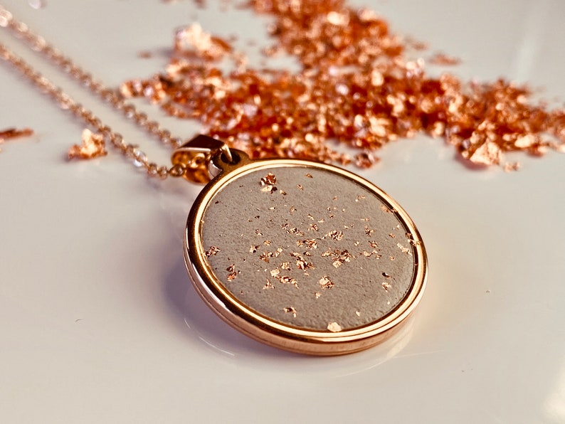 Concrete necklace rose gold with gold leaf, concrete jewelry necklace with pendant, gift for girlfriend image 1