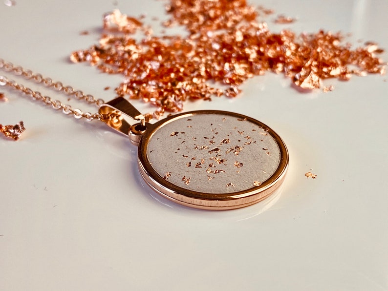 Concrete necklace rose gold with gold leaf, concrete jewelry necklace with pendant, gift for girlfriend image 2